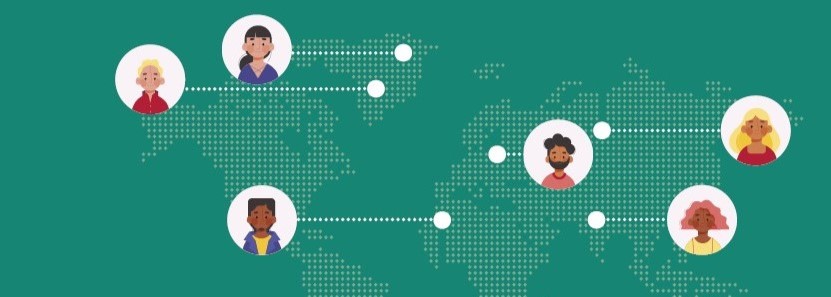 a green map of the world with small portraits of people pointing to different countries