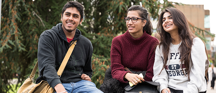 Three students sit and laugh in front of a tall tree.